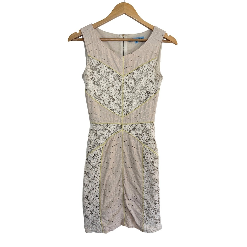 Antonio Melani Eyelet Lace Silk‎ Blen Dress Beige Floral Cottagecore Coquette 0